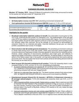 EARNINGS RELEASE: Q2 2019-20 Summary Consolidated Financials