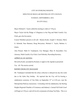 Regular City Council Meeting Tuesday, September 6, 2016 Page 2