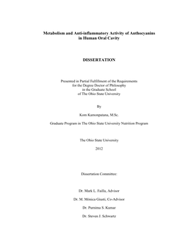 Metabolism and Anti-Inflammatory Activity of Anthocyanins in Human Oral Cavity