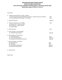 LAKELAND AREA MASS TRANSIT DISTRICT BOARD of DIRECTORS MEETING Citrus Connection, Hollingsworth Meeting Room, 1212 George Jenkins Blvd