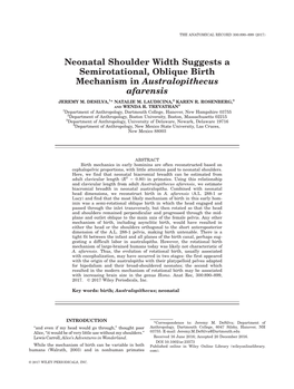 Neonatal Shoulder Width Suggests a Semirotational, Oblique Birth Mechanism in Australopithecus Afarensis