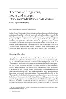 Georg Langenhorst Theopoesie Für Gestern, Heute Und Morgen. Der Priesterdichter Lothar Zenetti