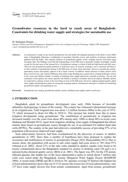 Groundwater Resources in the Hard to Reach Areas of Bangladesh: Constraints for Drinking Water Supply and Strategies for Sustainable Use