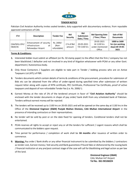 TENDER NOTICE Pakistan Civil Aviation Authority Invites Sealed Tenders, Duly Supported with Documentary Evidence, from Reputable