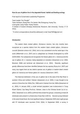 How Do Cao Vit Gibbon Live in the Degraded Forest: Habitat and Feeding Ecology Final Report to Conservation Leadership Programme