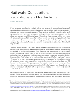 Hatikvah: Conceptions, Receptions and Reflections Edwin Seroussi