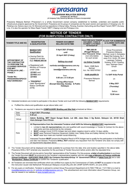 Notice of Tender (For Bumiputera Contractor Only)