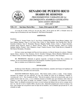 Senado De Puerto Rico Diario De Sesiones Procedimientos Y Debates De La Decimoquinta Asamblea Legislativa Sexta Sesion Ordinaria Año 2007 Vol