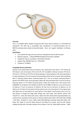 Overview This Is a 13.56Mhz Water Droplets Transparent NFC Smart Tag for Android