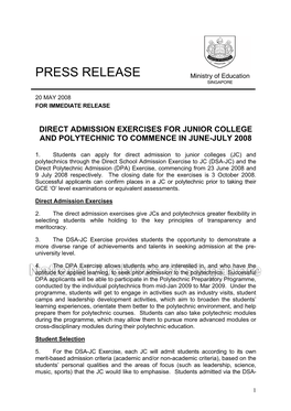 Direct Admission Exercises for Junior College and Polytechnic to Commence in June-July 2008