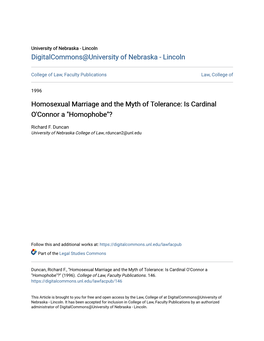 Homosexual Marriage and the Myth of Tolerance: Is Cardinal O'connor a 