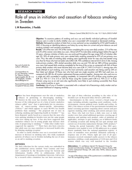 Role of Snus in Initiation and Cessation of Tobacco Smoking in Sweden L M Ramstro¨M, J Foulds