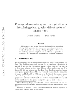 Correspondence Coloring and Its Application to List-Coloring Planar Graphs Without Cycles of Lengths 4 to 8 Arxiv:1508.03437V2