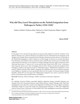 Perceptions on the Turkish Emigration from Dobrogea to Turkey (1918-1940)