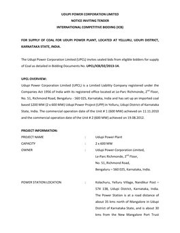 Udupi Power Corporation Limited Notice Inviting Tender International Competitive Bidding (Icb)