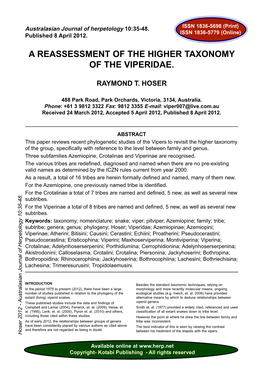 A Reassessment of the Higher Taxonomy of the Viperidae