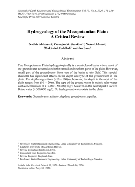 Hydrogeology of the Mesopotamian Plain: a Critical Review