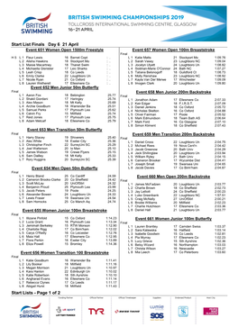 Start List Finals Day 6 21 April Start Lists