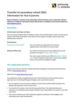 Transfer to Secondary School 2021 Information for Year 6 Parents