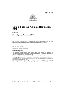 Non-Indigenous Animals Regulation 2006 Under the Non-Indigenous Animals Act 1987