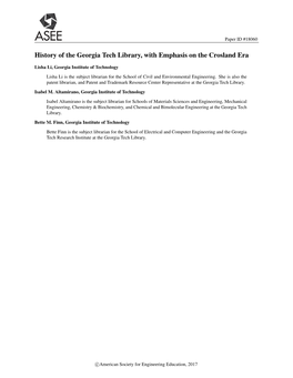 History of the Georgia Tech Library, with Emphasis on the Crosland Era