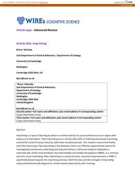 Advanced Review Article Title: Imprinting