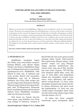 ESTETIKA HINDU DALAM CERITA SUNDA DAN UPASUNDA PADA TEKS ĀDIPARWA Oleh Ida Bagus Subrahmaniam Saitya Dosen Pada Fakultas Brahma Widya IHDN Denpasar