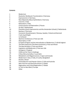 Contents 1 Modernism 2 Deutscher Werkbund / Functionalism // Germany 3 Expressionism // Germany 4 New Objectivity (Neue Sachli