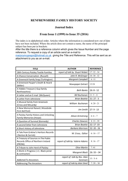 RENFREWSHIRE FAMILY HISTORY SOCIETY Journal Index from Issue 1