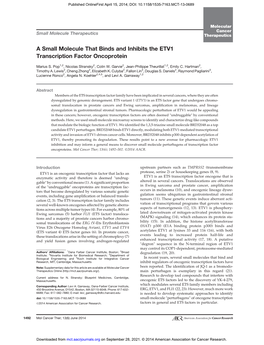 A Small Molecule That Binds and Inhibits the ETV1 Transcription Factor Oncoprotein