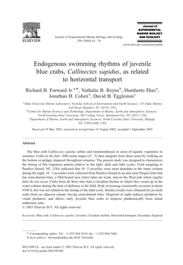 Endogenous Swimming Rhythms of Juvenile Blue Crabs, Callinectes Sapidus, As Related to Horizontal Transport