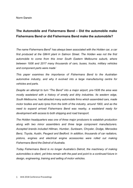 The Automobile and Fishermans Bend – Did the Automobile Make Fishermans Bend Or Did Fishermans Bend Make the Automobile?