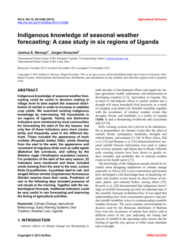 Indigenous Knowledge of Seasonal Weather Forecasting: a Case Study in Six Regions of Uganda