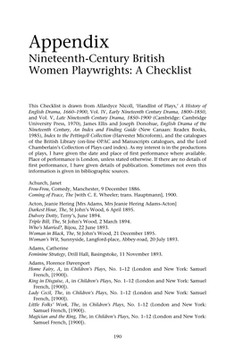 Appendix Nineteenth-Century British Women Playwrights: a Checklist