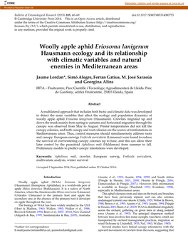 Woolly Apple Aphid Eriosoma Lanigerum Hausmann Ecology and Its Relationship with Climatic Variables and Natural Enemies in Mediterranean Areas