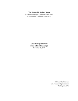 The Honorable Barbara Boxer Oral History Interview Final Edited