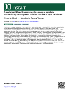 A Peripheral Blood Transcriptomic Signature Predicts Autoantibody Development in Infants at Risk of Type 1 Diabetes