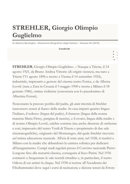 STREHLER, Giorgio Olimpio Guglielmo Di Alberto Bentoglio - Dizionario Biografico Degli Italiani - Volume 94 (2019)