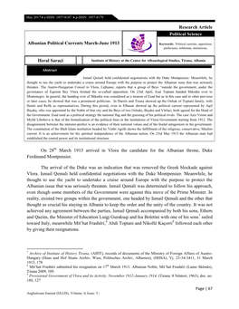 Research Article Heral Saraçi on 28 March 1913 Arrived in Vlora the Candidate for the Albanian Throne, Duke Ferdinand Montpensi