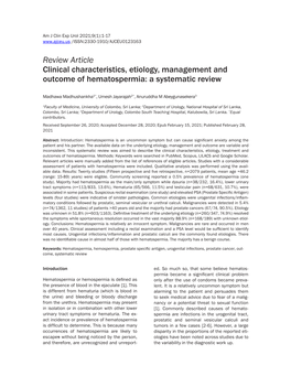 Review Article Clinical Characteristics, Etiology, Management and Outcome of Hematospermia: a Systematic Review