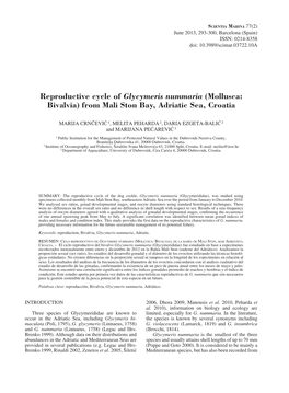 Reproductive Cycle of Glycymeris Nummaria (Mollusca: Bivalvia) from Mali Ston Bay, Adriatic Sea, Croatia ; Ciclo Reproductivo De