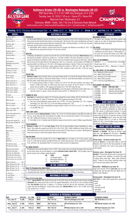 Baltimore Orioles (20-50) Vs. Washington Nationals (38-32) RHP David Hess (2-3, 4.13) | RHP Jefry Rodriguez (0-0, 0.00) Tuesday, June 19, 2018 L 7:05 P.M