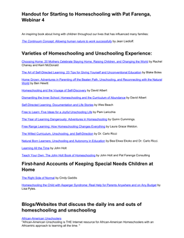 Handout for Starting to Homeschooling with Pat Farenga, Webinar 4