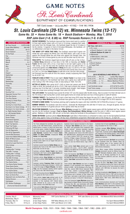 St. Louis Cardinals (20-12) Vs. Minnesota Twins (13-17) Game No