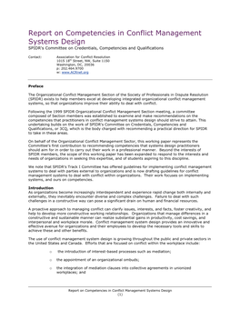 Report on Competencies in Conflict Management Systems Design SPIDR's Committee on Credentials, Competencies and Qualifications