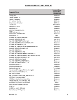 Subsidiaries of Stanley Black & Decker, Inc