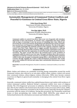 Sustainable Management of Communal Violent Conflicts and Peaceful Co-Existence in Central Cross River State, Nigeria