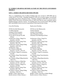 List 1, Subject Headings Revised 1999-2001