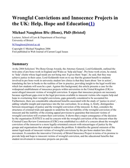 Wrongful Convictions and Innocence Projects in the UK: Help, Hope and Education(1)