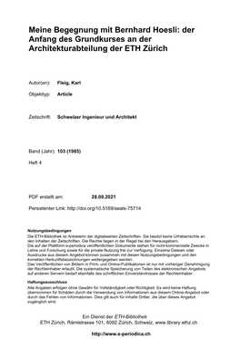 Meine Begegnung Mit Bernhard Hoesli: Der Anfang Des Grundkurses an Der Architekturabteilung Der ETH Zürich